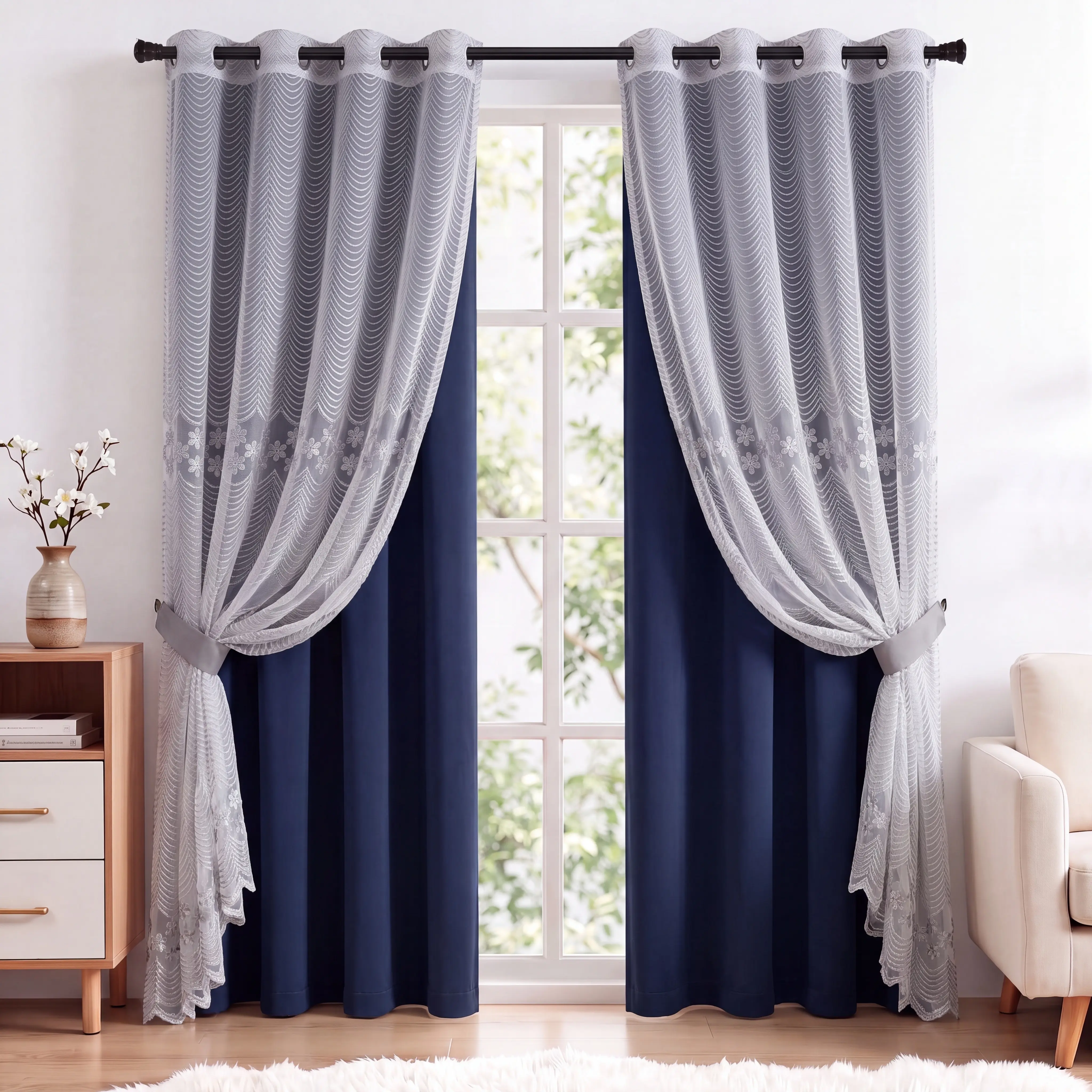 4 Panels Combination Grommets Curtains Including : 2 Panels 52x84 inch : Solid Blackout Curtains & 2 Panels  Luxuary Embroidery and Flocking Curtains  QF222 QF72 noise reduction