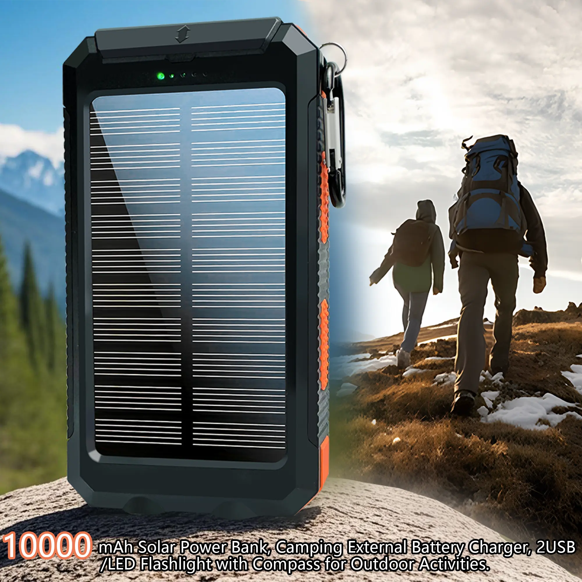20000mAh Solar Power Bank Waterproof Shockproof Dustproof Portable External Battery Dual USB Output Built-in Compass LED Flashlight Foldable Phone Stand Outdoor Emergency Portable Charger for iPhone Android