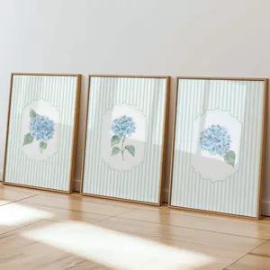 Hydrangea Wall Art Set of 3, Green Stripe Floral Print, Botanical Garden Decor, Blue Hydrangea Cottagecore Flower Poster
