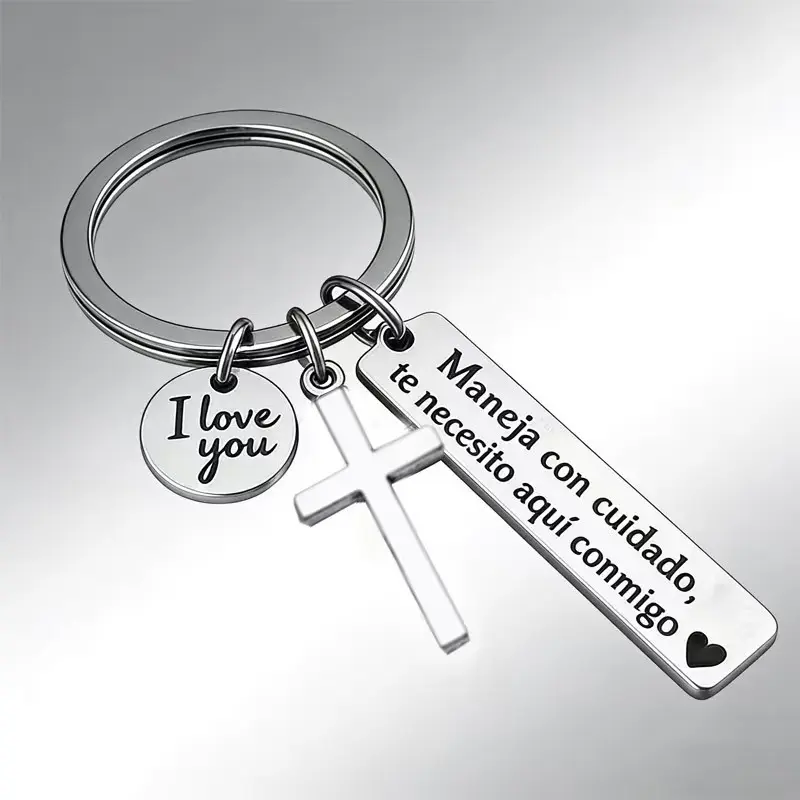 Maneja Con Cuidado Te Necesito Aquí Conmigo Keychain with Cross & "I Love You" Charm, Spanish Drive Safe Stainless Steel Keyring, Romantic Religious Gift for Him/Her Adjustable Heart Rate Couples Bracelet Set Rotating Retractable Reading Badge Holder-MM1