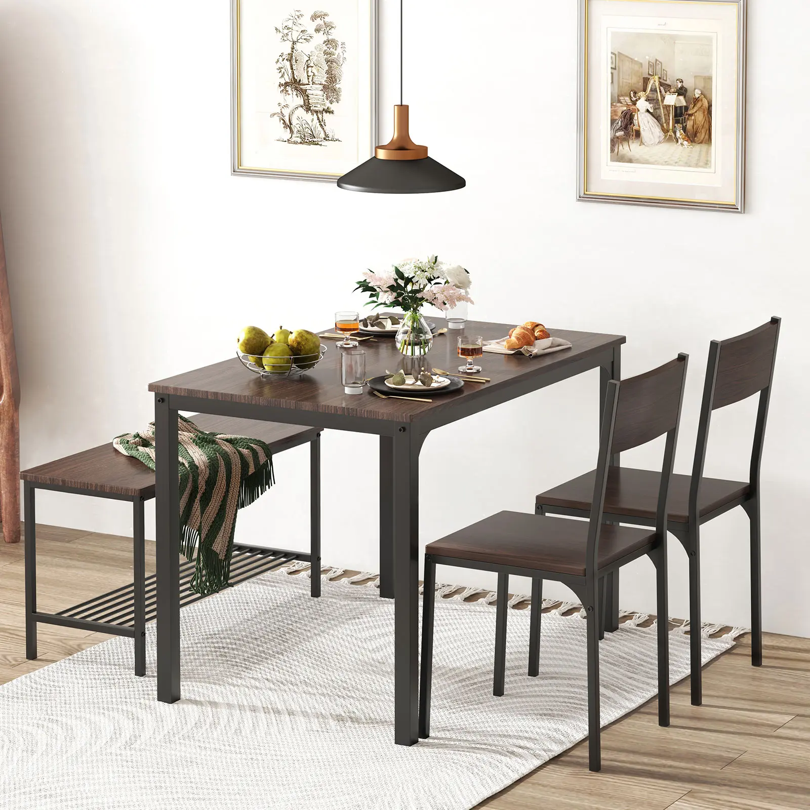 SogesPower  Dining Table Set of 4 - Modern Wood Indoor Dining Room Set, Includes 2 Chairs & 1 Bench, Ideal for Breakfast Nook & Coffee Time Kitchen Use
