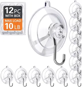 Suction Cup Hooks 12 Pack, 10LB Heavy Duty, 1.77” Clear No-Drill Hooks, Reusable & Removable Stainless Steel for Tile, Glass, Shower, Kitchen & Bathroom