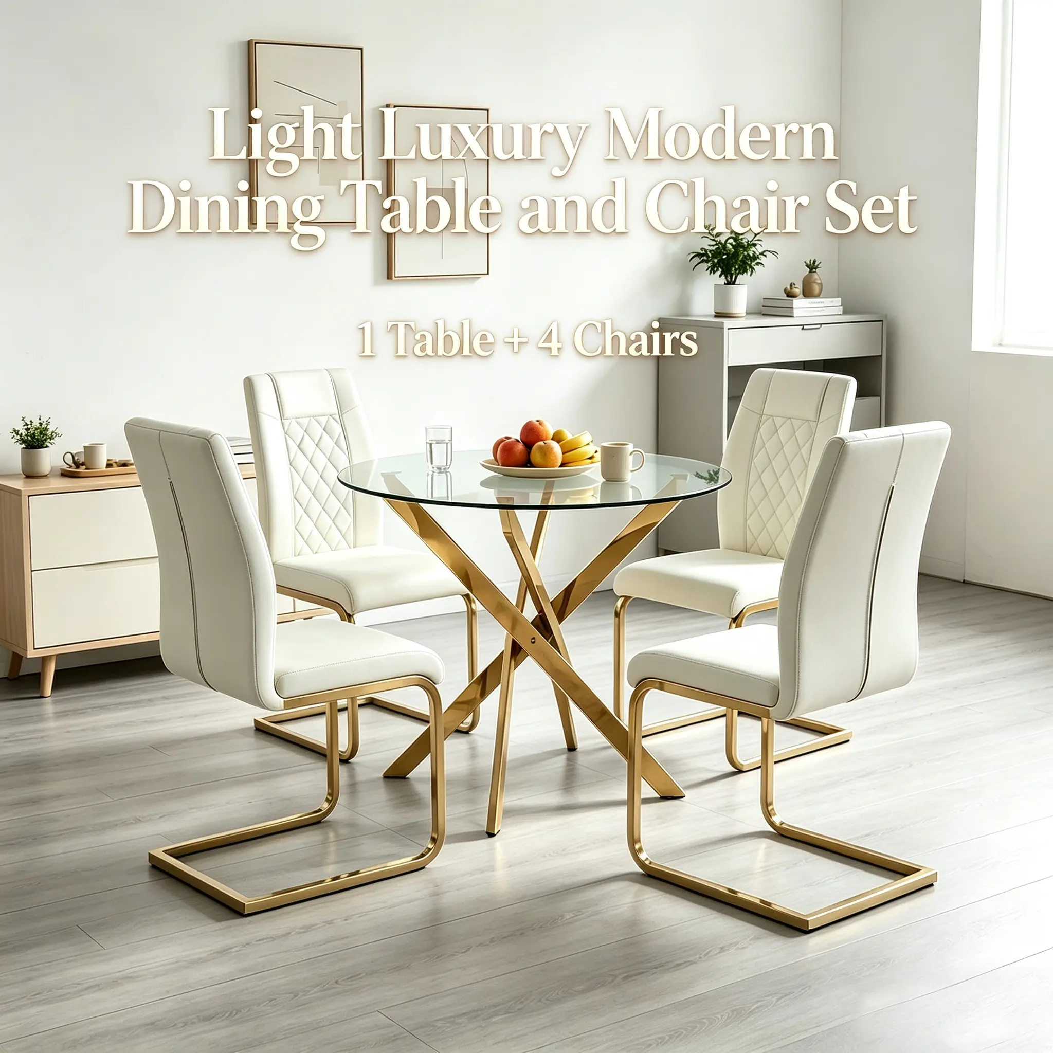 Modern 5-Piece Glass Dining Table Set with Gold Legs, Round Kitchen Table & 4 High-Back PU Leather Chairs for Home Dining Room, White & Gold