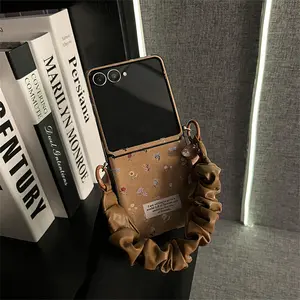 Senior Full Screen Floral Brown Phone Case with Leather Wrinkled Strap for Samsung Galaxy ZFlip 7 ZFlip 6 ZFlip 5 Back Cover