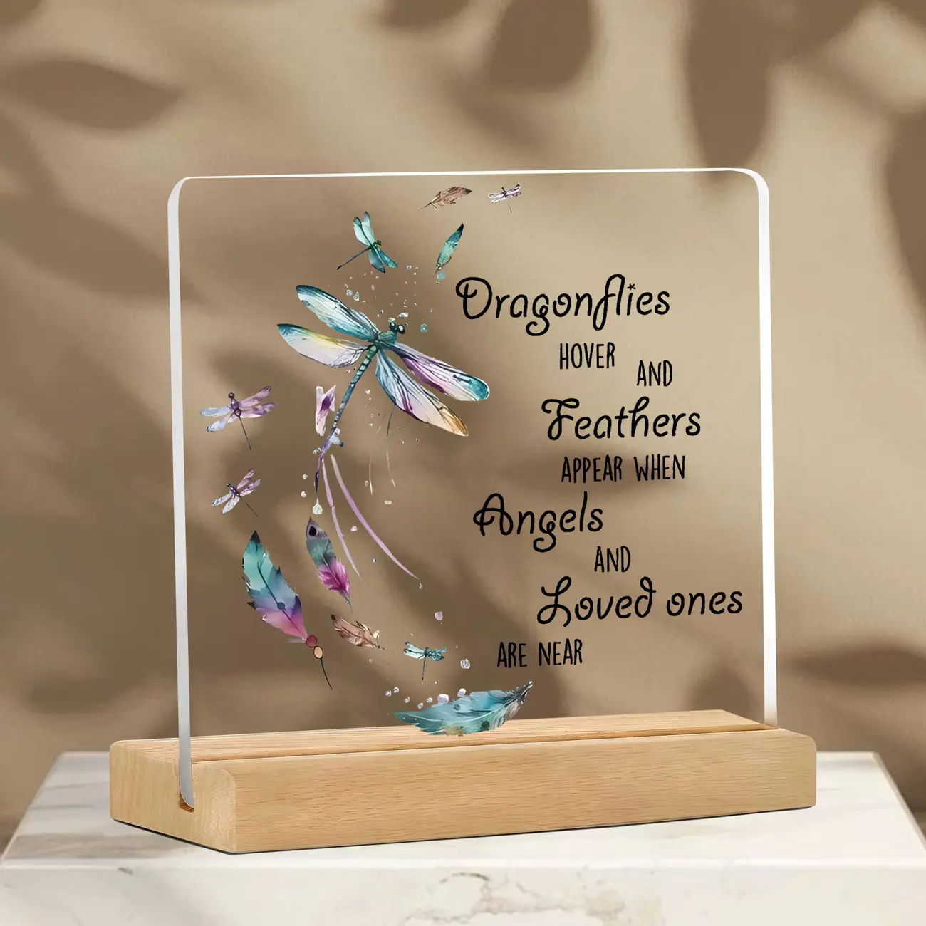Acrylic Desk Plaque with Watercolor Dragonfly-Feather Design, Rectangular Table Sign with Heartfelt Message, Spiritual Remembrance Decor, Bereavement Gift for Grieving Families (Christmas, Thanksgiving)
