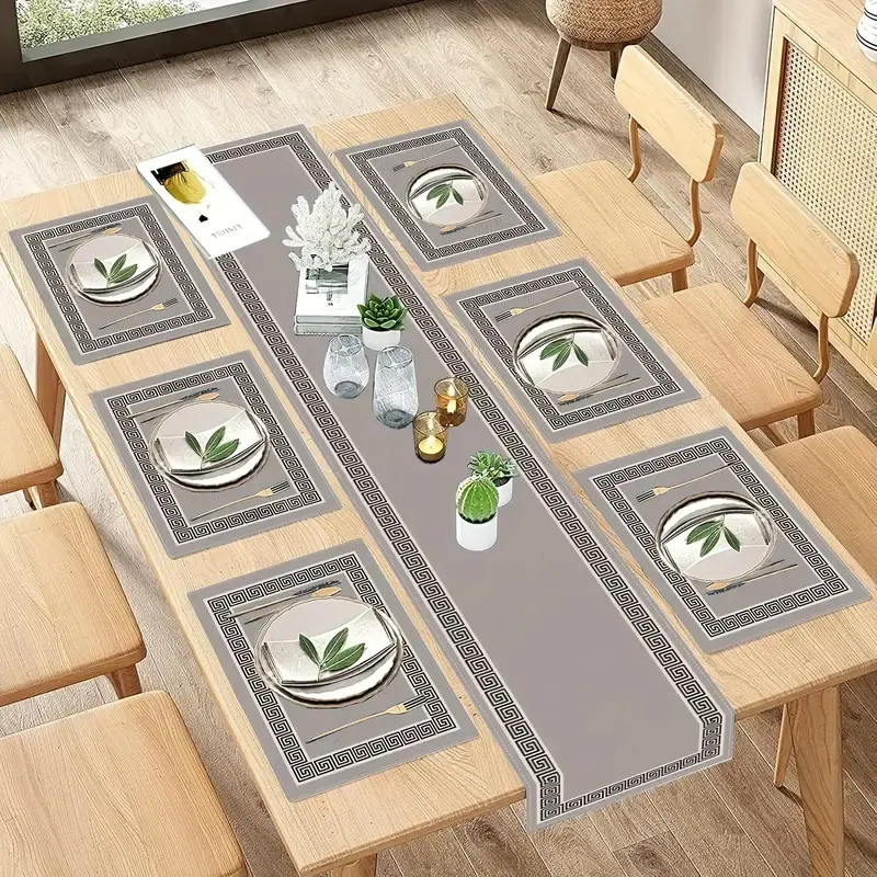 1/5/7 piece set, Multiple options, gray Greek scroll geometric table flag, Table Runner & placemat set, Place Setting, rectangular, with vintage European pattern design, kitchen dining party home decoration, Geometric Patterns