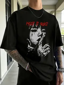Gothic Print Crewneck T-Shirt, Y2K Street Style Streetwear, Casual Fitted Top, Dark Aesthetic Street Fashion, Menswear Short Sleeve Graphic Tee