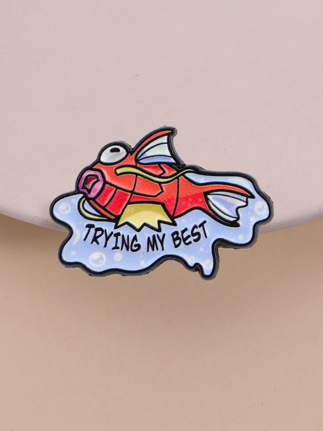 Koi King Trying My Best Durable Enamel Pin Clip, Lapel Brooch, Self-Deprecating Cartoon Animal Design, Koi Fish Struggling in Water, Perfect Accessory for Anime Fans, Lapel Pins