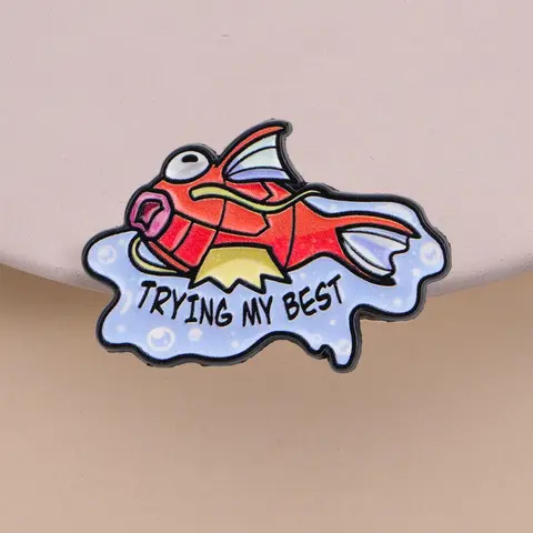 Koi King Trying My Best Durable Enamel Pin Clip, Lapel Brooch, Self-Deprecating Cartoon Animal Design, Koi Fish Struggling in Water, Perfect Accessory for Anime Fans, Lapel Pins