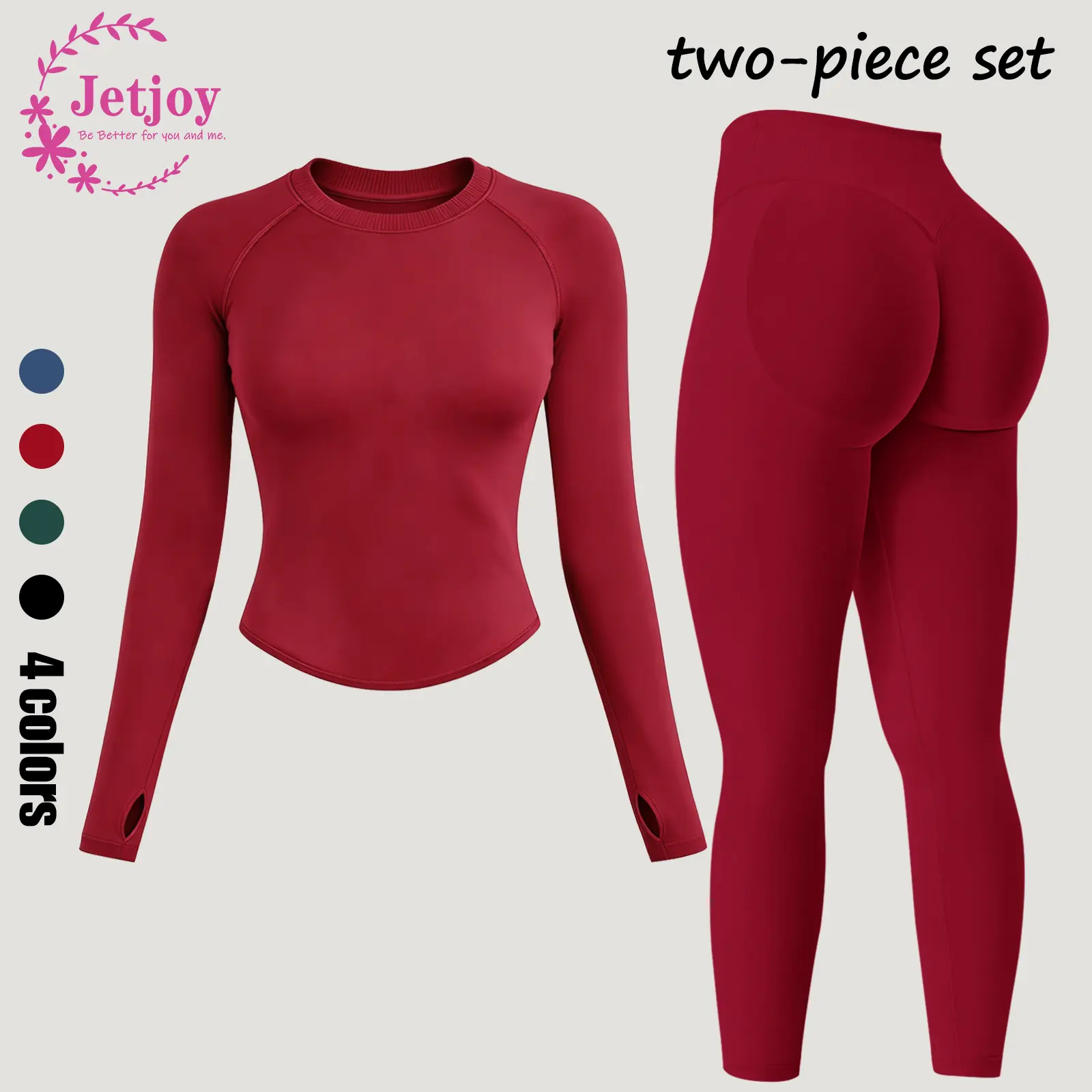 Jetjoy Workout Sets for Women 2 Piece Long Sleeve T-Shirt Top +Hidden Scrunch Leggings Butt Lifting Gym Set Seamless Yoga Outfit Athletic Clothes