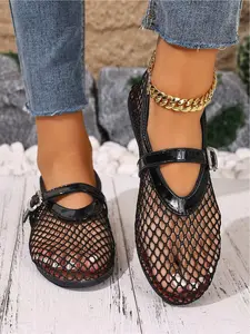 Multi-color mesh Mary Jane flats for women, cut-out knit for breathability, with adjustable buckle strap, casual ballet flats for summer Footwear