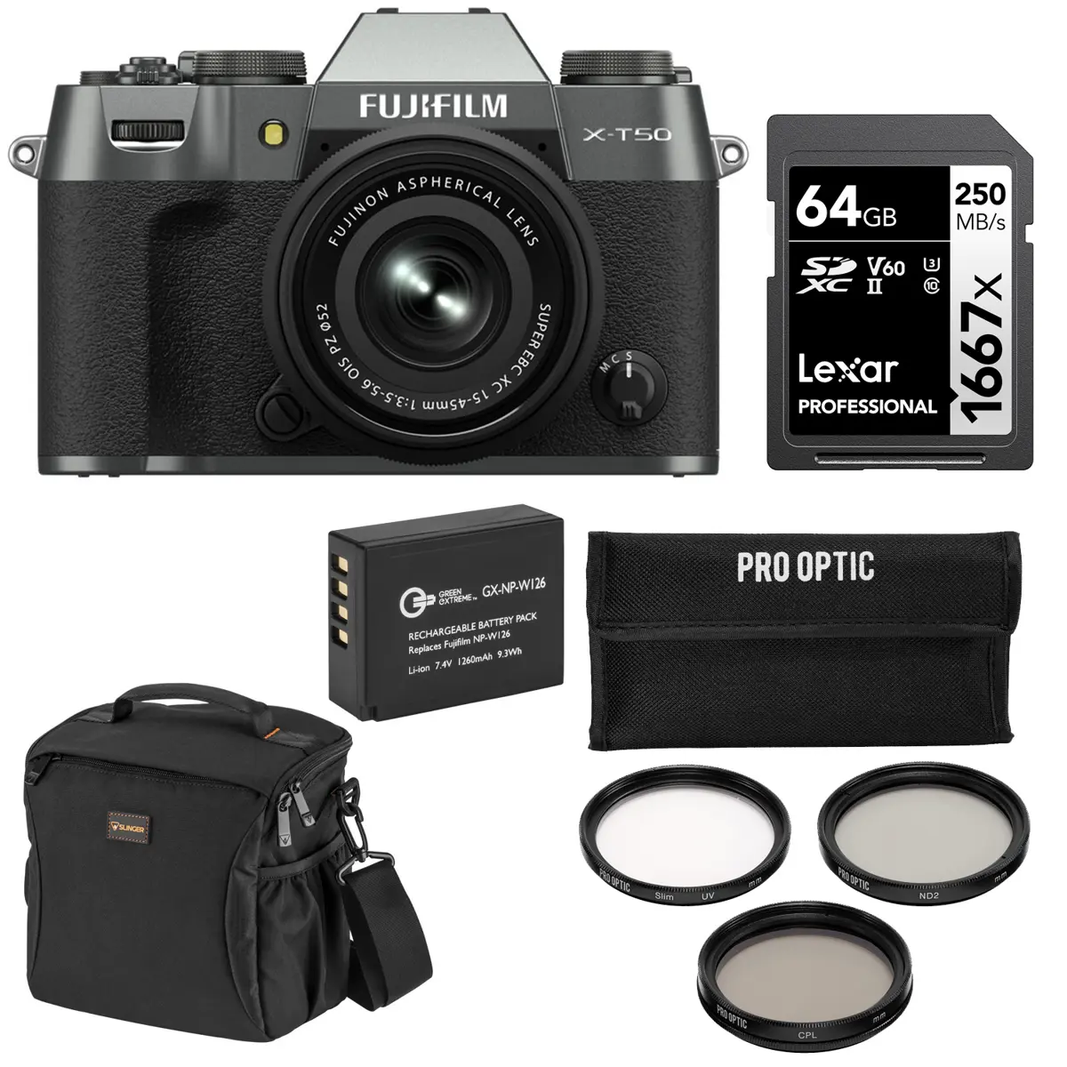Fujifilm X-T50 Digital Compact Mirrorless Camera with XC 15-45mm f/3.5-5.6 OIS PZ Lens (Black) - Bundle with Extra Battery, 64GB Memory Card, Shoulder Bag, 52mm Essentials Filter Kit (Cameras for Pictures), Handheld