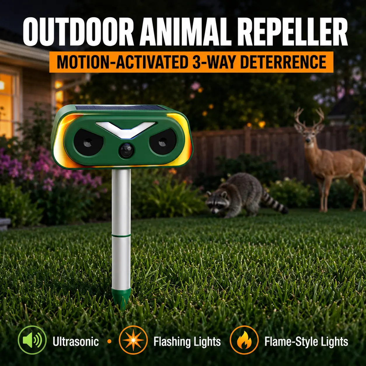 Ultrasonic Animal Repellent, Keep Skunk Away Motion Detection with Flash Light for Lawn, Deer Repellent Devices for Squirrel, Cat, Raccoon, Rabbit, Mole