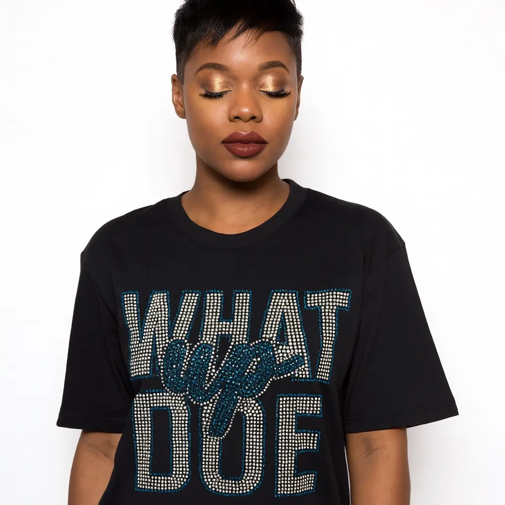 "What Up Doe" Bling Tee Detroit Edition Women's Comfy Cotton T-shirt with High-quality Rhinestones for Shimmering Sparkle Unisex Fit Available in Black White Grey