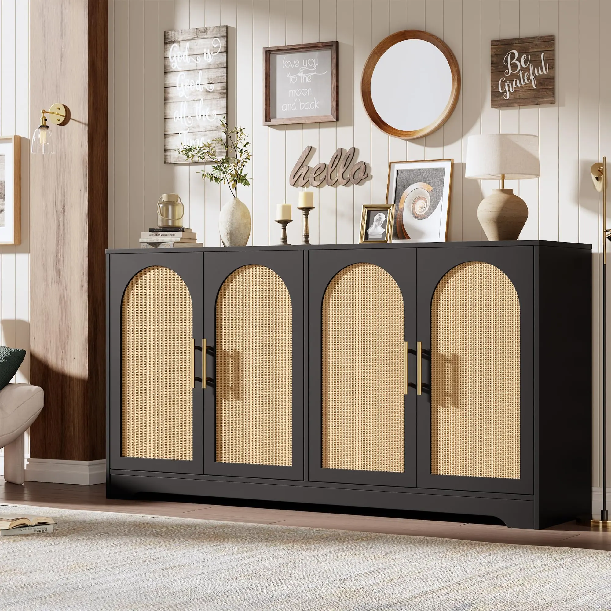 59 Inch Sideboard Buffet Cabinet with 4 Rattan Doors, Large Storage Console Table, Modern Accent Coffee Bar Cabinet, Boho Storage Cabinet for Living Room Kitchen Hallway Dining Room Entryway in Black or Natural