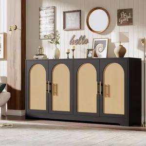 59 Inch Sideboard Buffet Cabinet with 4 Rattan Doors, Large Storage Console Table, Modern Accent Coffee Bar Cabinet, Boho Storage Cabinet for Living Room Kitchen Hallway Dining Room Entryway in Black or Natural