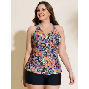 BLOOMCHIC Womens Plus Size Vibrant Floral Print Ruched Swim Top [M-6X]2026 Summer Vibes