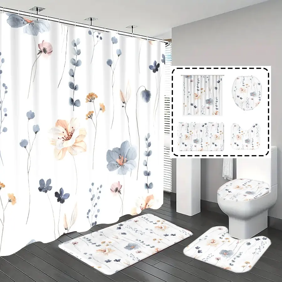 Popular Choice 1pc/4pcs, bathroom curtains shower, bathroom set, shower curtains, bathroom rug, home decoration, bathroom mat, plant and flower patterns, modern minimalist theme decoration, with 12 hooks, Shower Curtain Sets, Bathroom Decorations