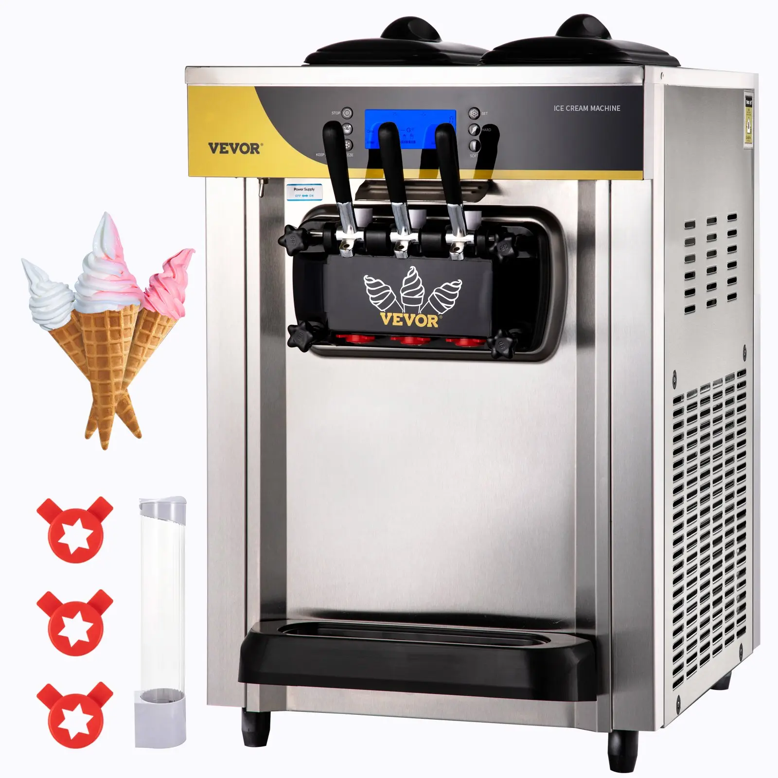 VEVOR Commercial Countertop Soft Serve Ice Cream Maker, 1050W Corded Compressor Model, 22-30L/H Yield, 2x6L Hoppers, 2L Cylinder, LCD Display, Puffing Shortage Alarm, Stainless Steel, 29.3"x21.3"x34", 150-200 Servings, for Restaurants