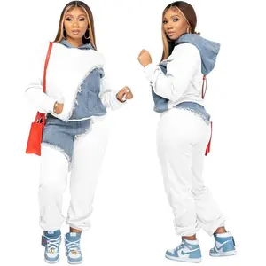 2025 Xinjie European and American Style Sports Fashion Casual Sweatshirt Denim Patchwork Hooded Women Plus Size Trendy New Loose Fit