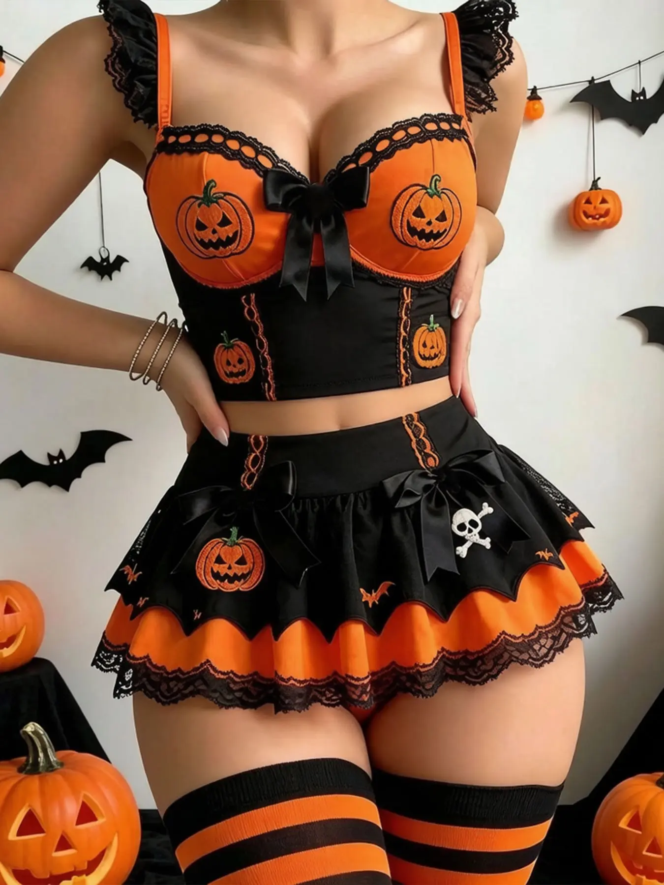 Women's Halloween Pumpkin Witch Lingerie Set - 2-Tone Orange-Black Lace Corset Mini-Dress, Breathable Bustier with Jack-O'-Lantern Embroidery, Bow Details, Bat-Skull Patterns for Party Role-Play