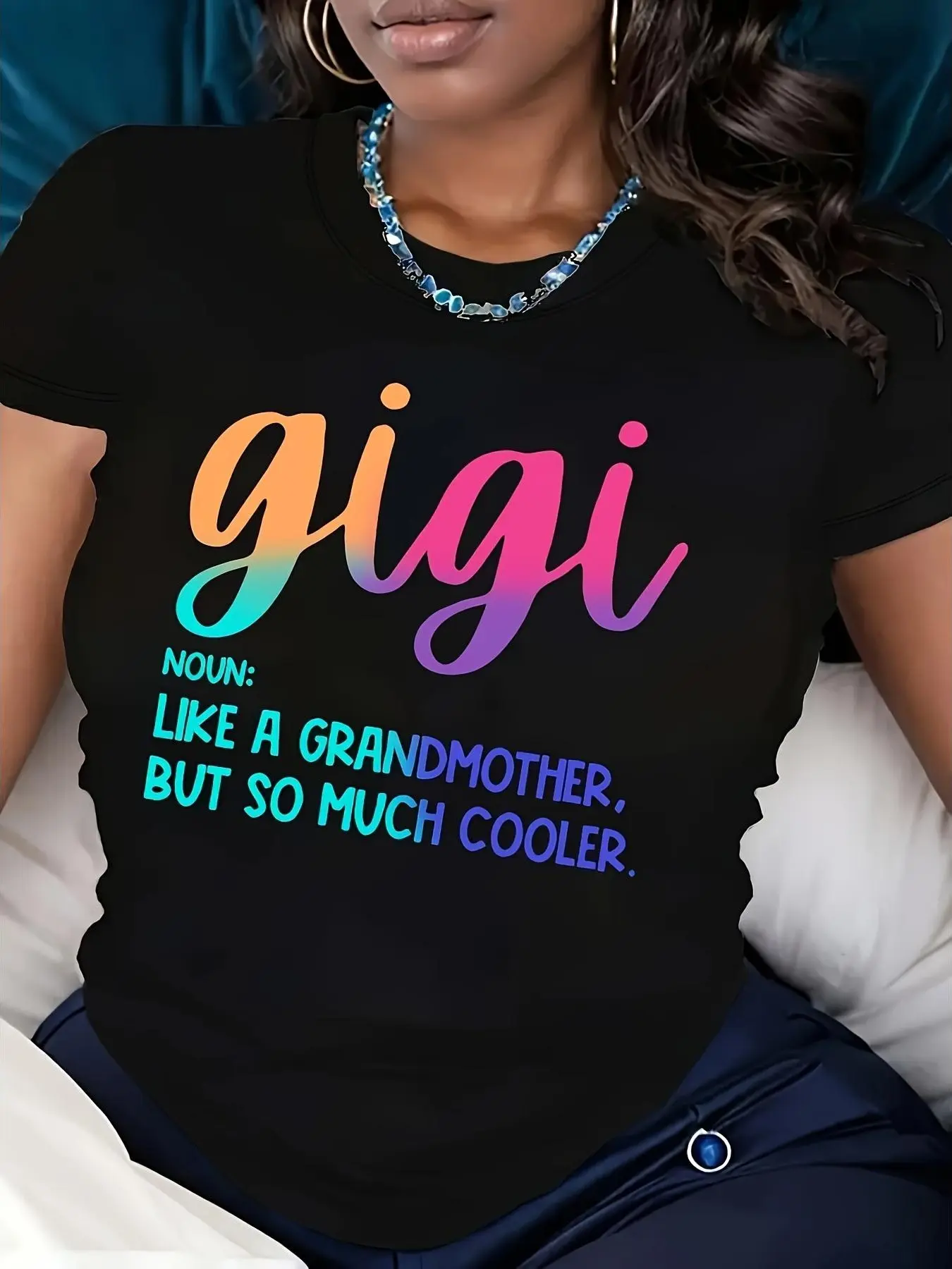 Sports & Outdoor Loose Soft Round Neck Apparel - Casual Crew Neck T-Shirt with Gigi Alphabet Graphics, All-Season Comfort Fit Knit Fabric Tee, Baggy, Digital Printing, Tops, Letters, Gigi Lettering, Loose-Fit
