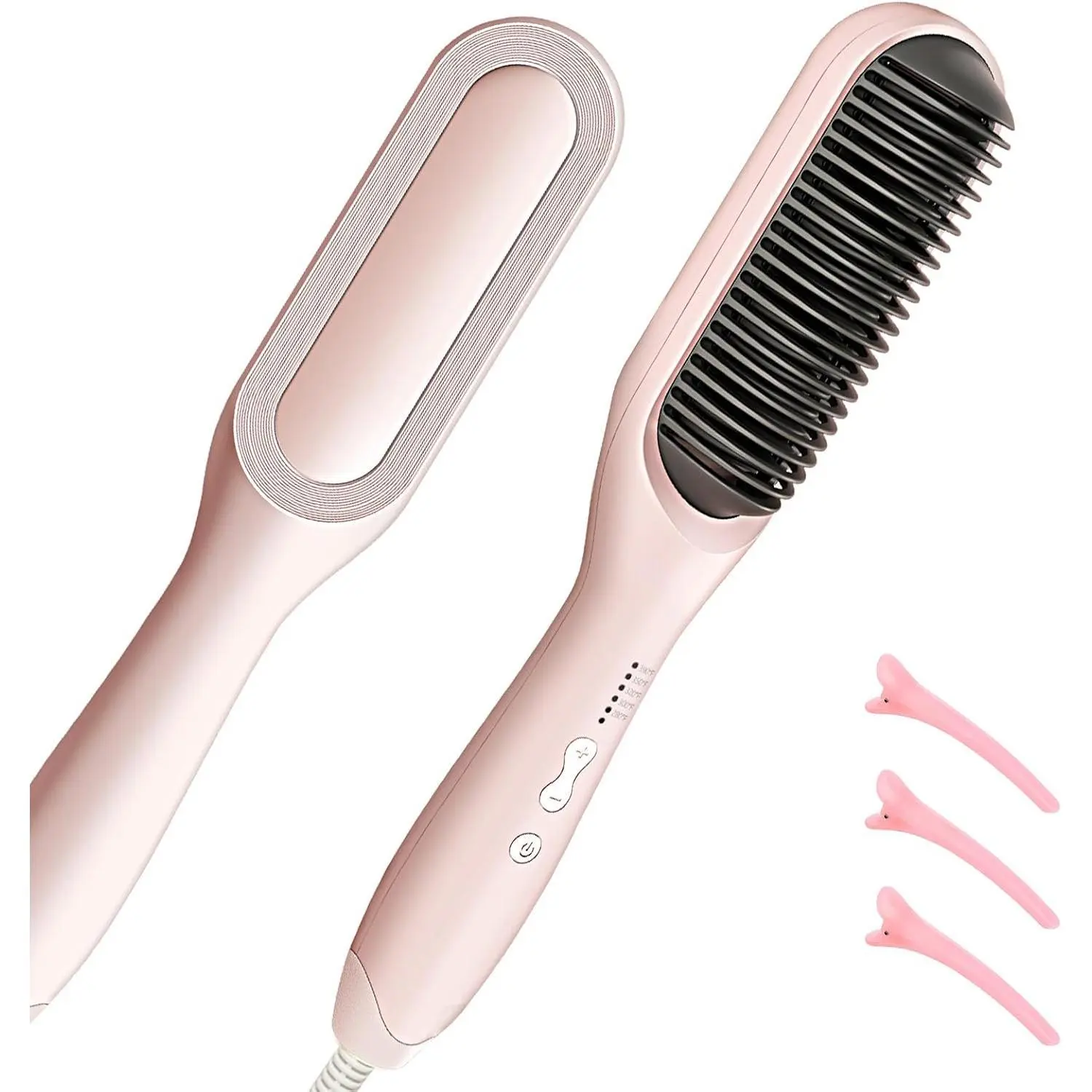 [Hair Straightener Brush] Ionic Hair Brush Straightener for Women with 5 Temp Settings,Fast Heating & Dual Voltage Hair Straightening Comb,Anti-Scald & Auto-Shut Off (Pink)