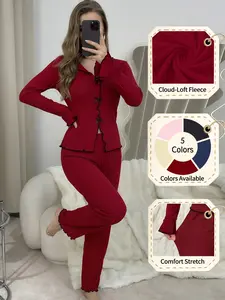 Women's Spring Fall Pajama Set, Slim-Fitting V-Neck Long Sleeve, Sweet Bow Design, Comfortable Home Wear, Two-Piece