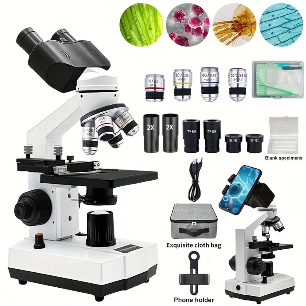 Sino Optical Compound Binocular Microscope - 4X-5000X High-Mag Zoom, 4X/10X/40X/100X Achromatic Lenses, Focus Controls, Ample Specimen Examination Space for School & Home Education, 4.33 X 4.33-Inch Stage