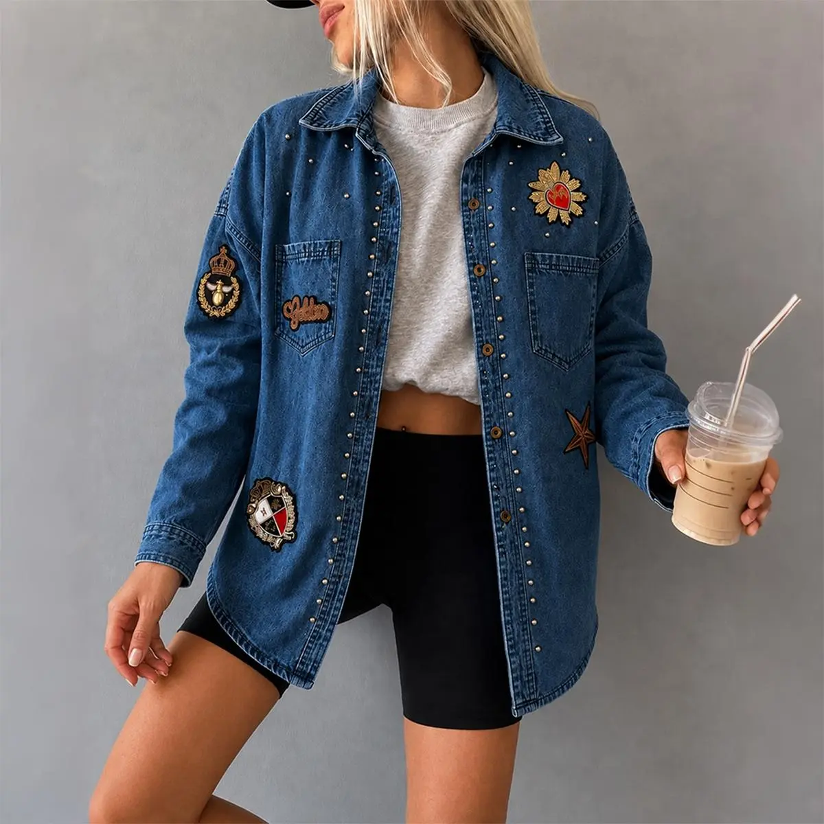 CHICME Women's Rhinestone Denim Shacket Vintage Badge Embroidered Button Down Long Sleeve Washed Jean Jacket
