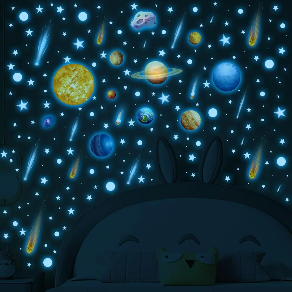 Planet Pattern Glow in the Dark Wall Sticker, 4 Sheets/set Self-adhesive Removable Wall Decal, Decorative Sticker for Home Living Room Bedroom, Home Decor, Decoration Items, Sticker Decorations, Luminous Wall Sticker, Deco Stickers