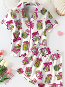 Pickles Cute Satin Pajamas Set, Women’s Pickle Lover Pink Bows Pajama Set, Sleepwear Gifts Nightwear Pajama Satin Long Pants, Gift For Her