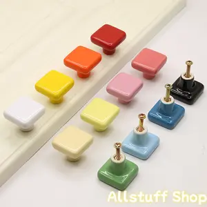 2pcs Home Multicolor Ceramic Cabinet Door Handles Easy Cupboard Wardrobe Drawer Square Single Hole Handles Bottle Cap Handles with Screws
