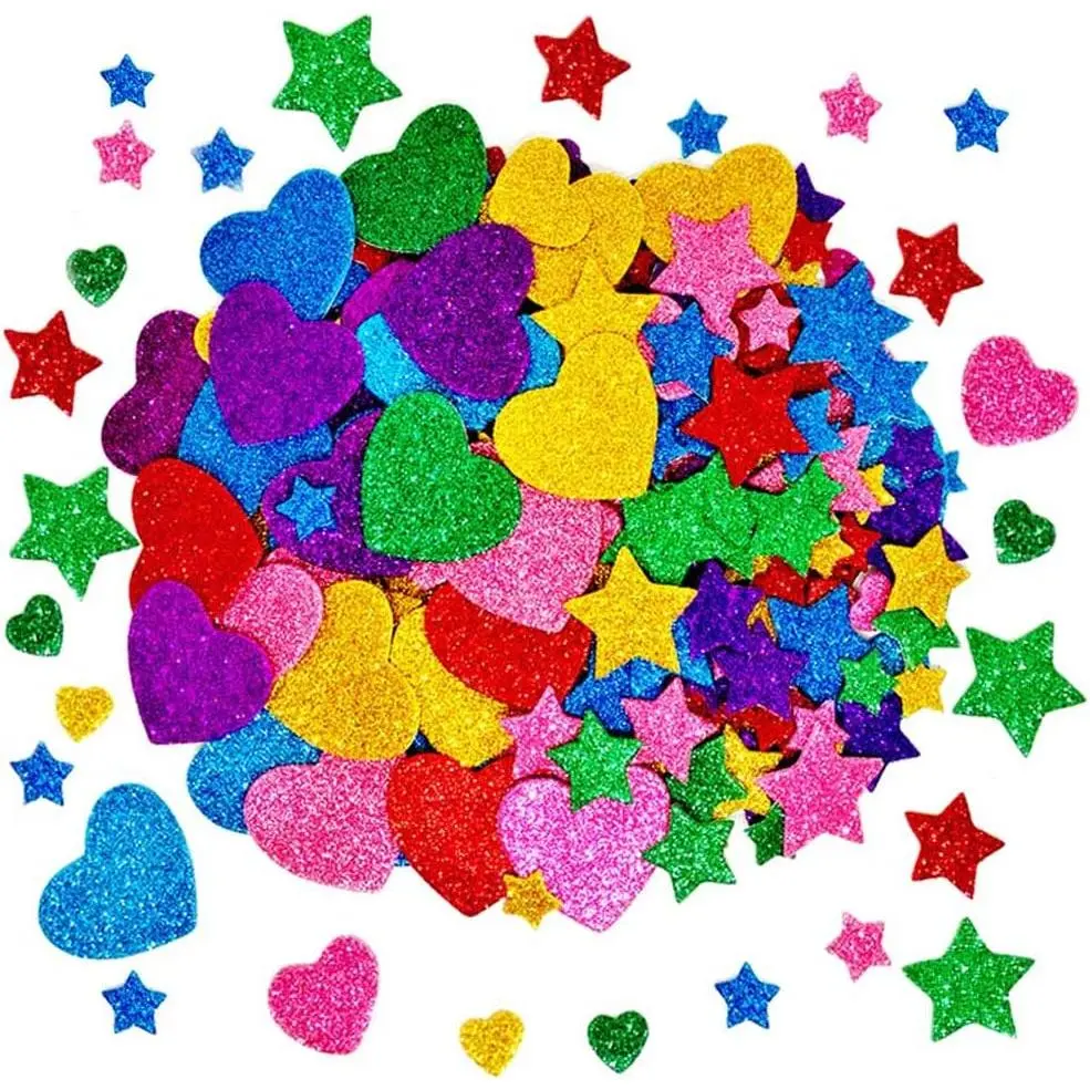 260 count Colorful Glitter Foam Stickers Self Adhesive Stars Mini Heart Shapes Glitter Stickers, 's Arts Craft Supplies Greeting Cards Home Decoration Stars&Heart Shapes