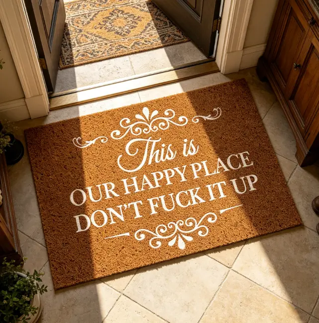 Funny Doormat with "This Is My Happy Place Don’t F*ck It Up" Print - Non-Slip, Wrinkle Resistant, Heart-Themed Charm Entryway Floor Mat, Home Decoration Mat for Indoor Bathroom, Kitchen
