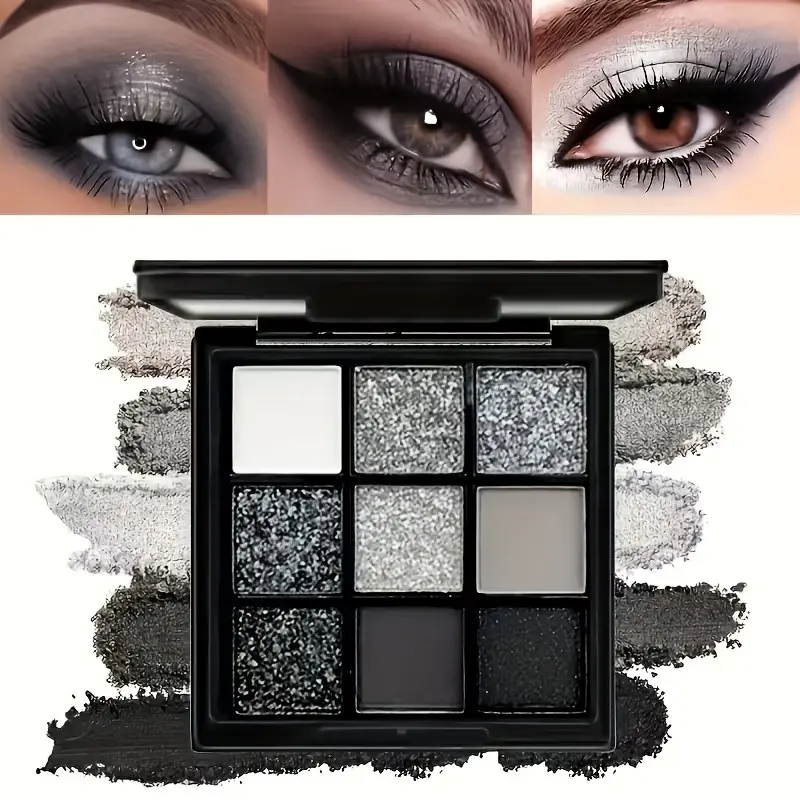 9-color, Shimmer eyeshadow palette with matte black, white, and silver shades, Highly pigmented, long-lasting, easy to apply and blend, with a builtin mirror, Gothic-style palette, Eye Shadow Palettes, for daily use, stage performances