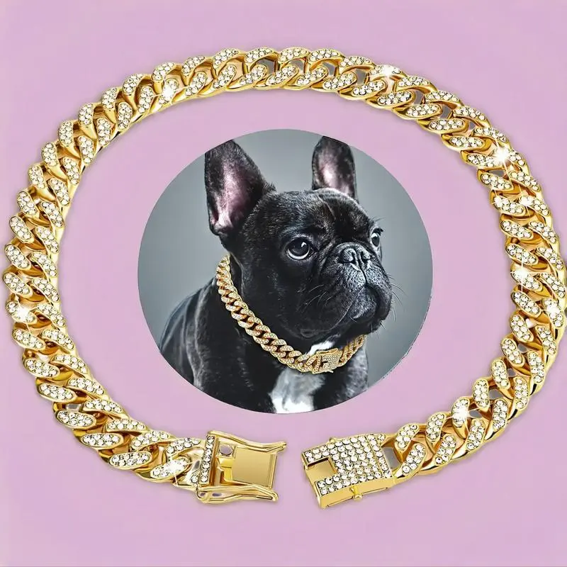 Cuban Chain Dog Collar with Full Rhinestone Buckle, Silver-Color Stylish and Durable Pet Accessory for Dogs