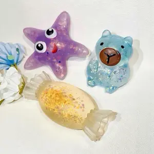 3Pcs Sparkly Squeeze Squishy Toys, Random Color Fixed Design – Green Head Fish, Seashell, Pig, Bunny, Unicorn, Starfish, Capybara, Cat Face, Cat Paw, Palm, Malt Candy Shapes, Stress Relief Fidget Toys, Holiday Party Gifts