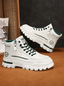 Men's High-Top PU Leather Boots, Fall Winter New Style, Warm Thickened Waterproof Anti-Slip Rubber Mid-Calf Round Toe Lace-Up Zipper Walking Shoes Footwear