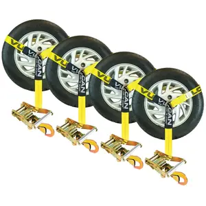 VULCAN Car Tie Down with Snap Hooks - Lasso Style - 2 Inch x 96 Inch - 4 Pack - Classic Yellow - 3,300 Pound Safe Working Load Adjustable Hanging Ropes Hardware Strap Tire