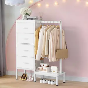 Dresser with Hanging Rack, 4 Drawers Small Closet for Bedroom, Reversible Fabric Chest of Drawers with Clothes Rack, Tall Storage Tower, Sturdy Frame