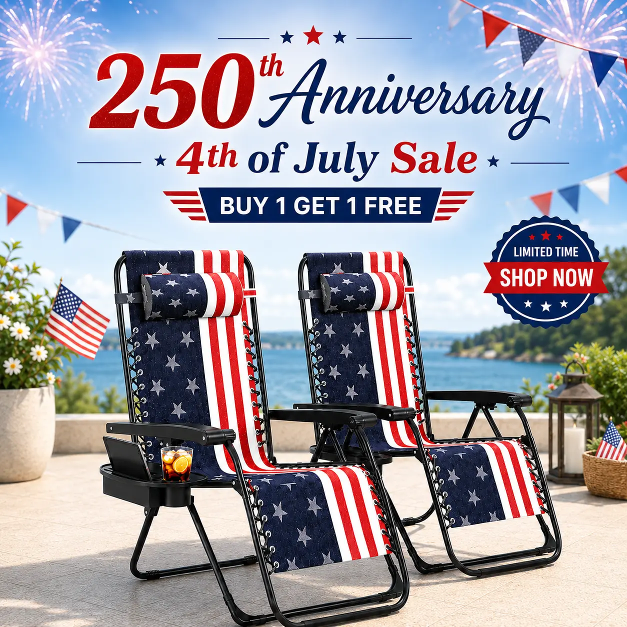America 250th Independence Day Edition Zero Gravity Chair Set of 2, 4th of July Patriotic Outdoor Lounge Chairs with Headrest, Cup Holder & Tray, Heavy Duty Folding Reclining Patio Chairs for Beach, Yard & Camping