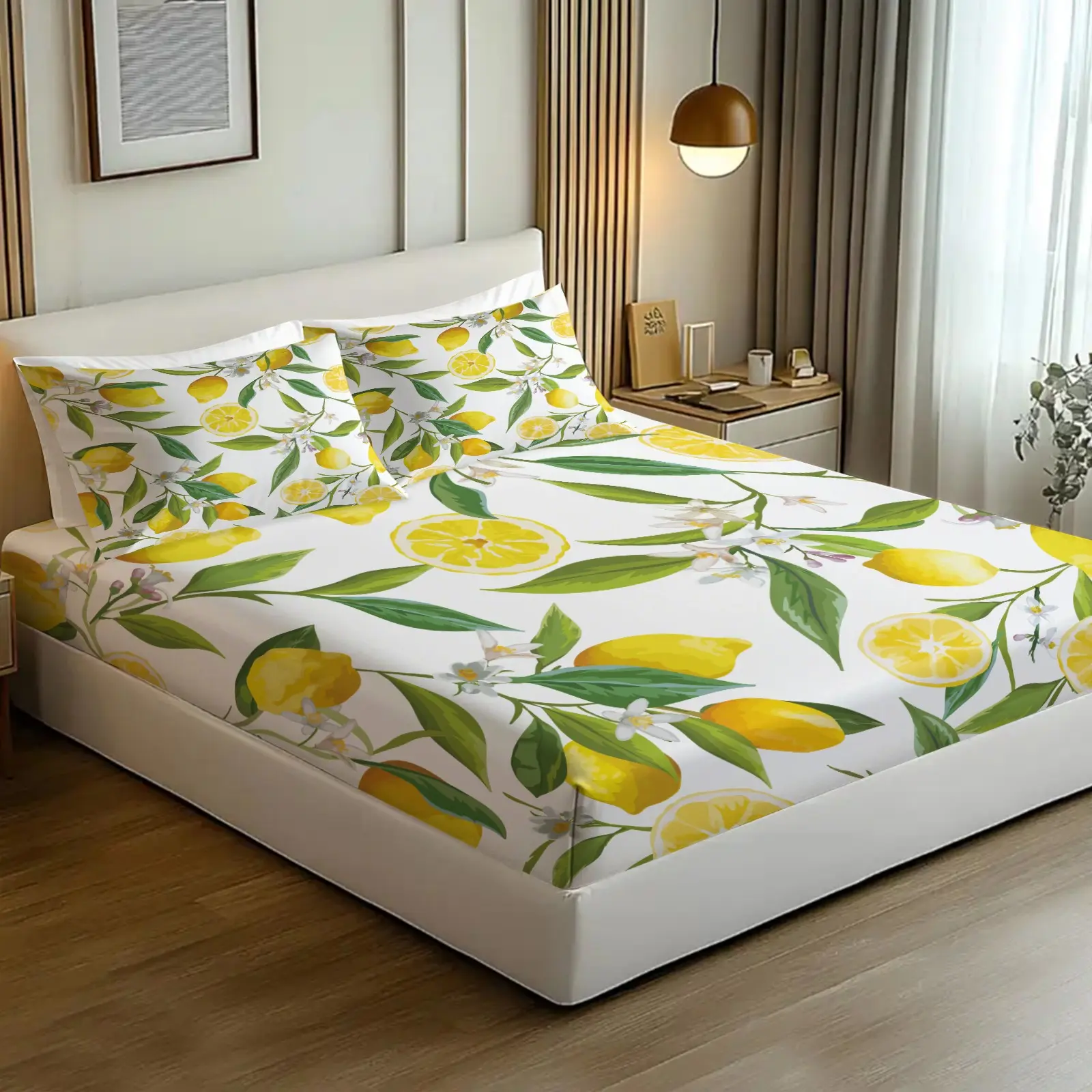 3pcs Watercolor Lemon Fitted Sheet Set, Fresh Fruit Bed Sheet Set, Soft Microfiber Bedding Set (No Fillers), Summer Citrus Mattress Cover for Girls Bedroom & Guest Room, Bedding Supplies
