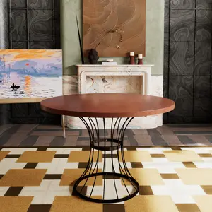 42 in Round Shape Oak Veneer Dining Table - Solid Wood-Look Top, Heavy-Duty Wrought-Iron Base, Compact Rustic-Modern Indoor Furniture for Kitchen, Breakfast Nook