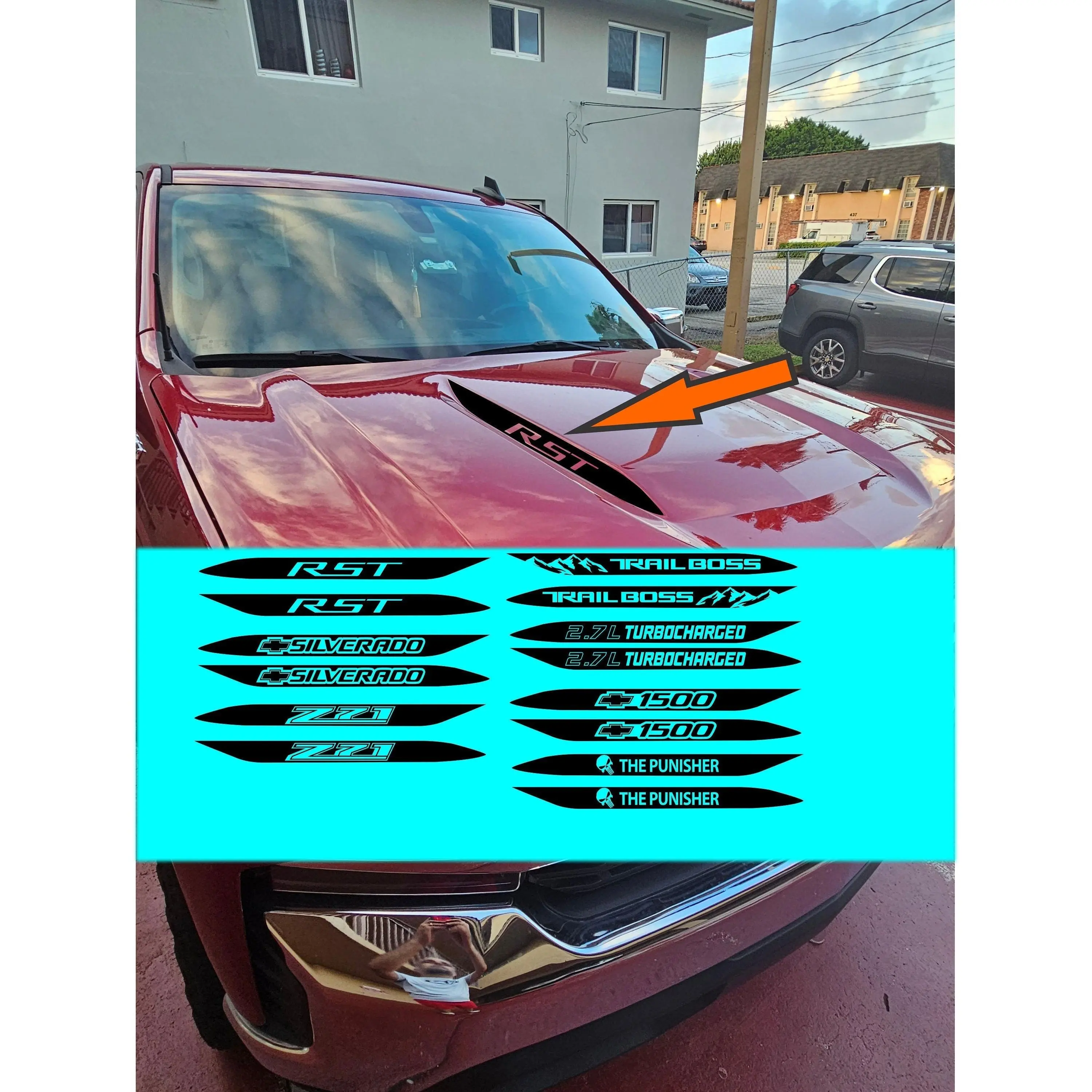 Chevy Silverado 2019-2024 Hood Spear Vinyl Decal Sticker - TRAIL BOSS,RST, Z71, Turbocharged, Punisher, 1500, Silverado Hood Truck decal