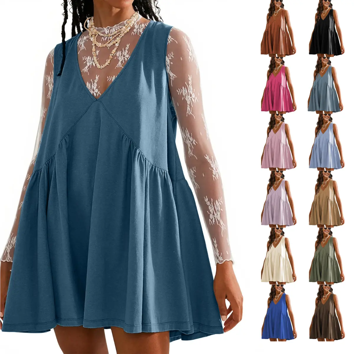 UANEO Women's V-Neck Tank Sundress Summer Fall Sleeveless A-Line Mini Dress Casual Loose Dresses with Pockets Back to School Outfits