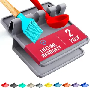 Silicone Spoon Rest for Stove Top with Drip Pad (2 Pack) - Heat Resistant BPA Free Utensil Rest & Kitchen Spoon Holder for Kitchen Counter - Grill Countertop - Spatula Holder, Tongs, Ladle - Gray