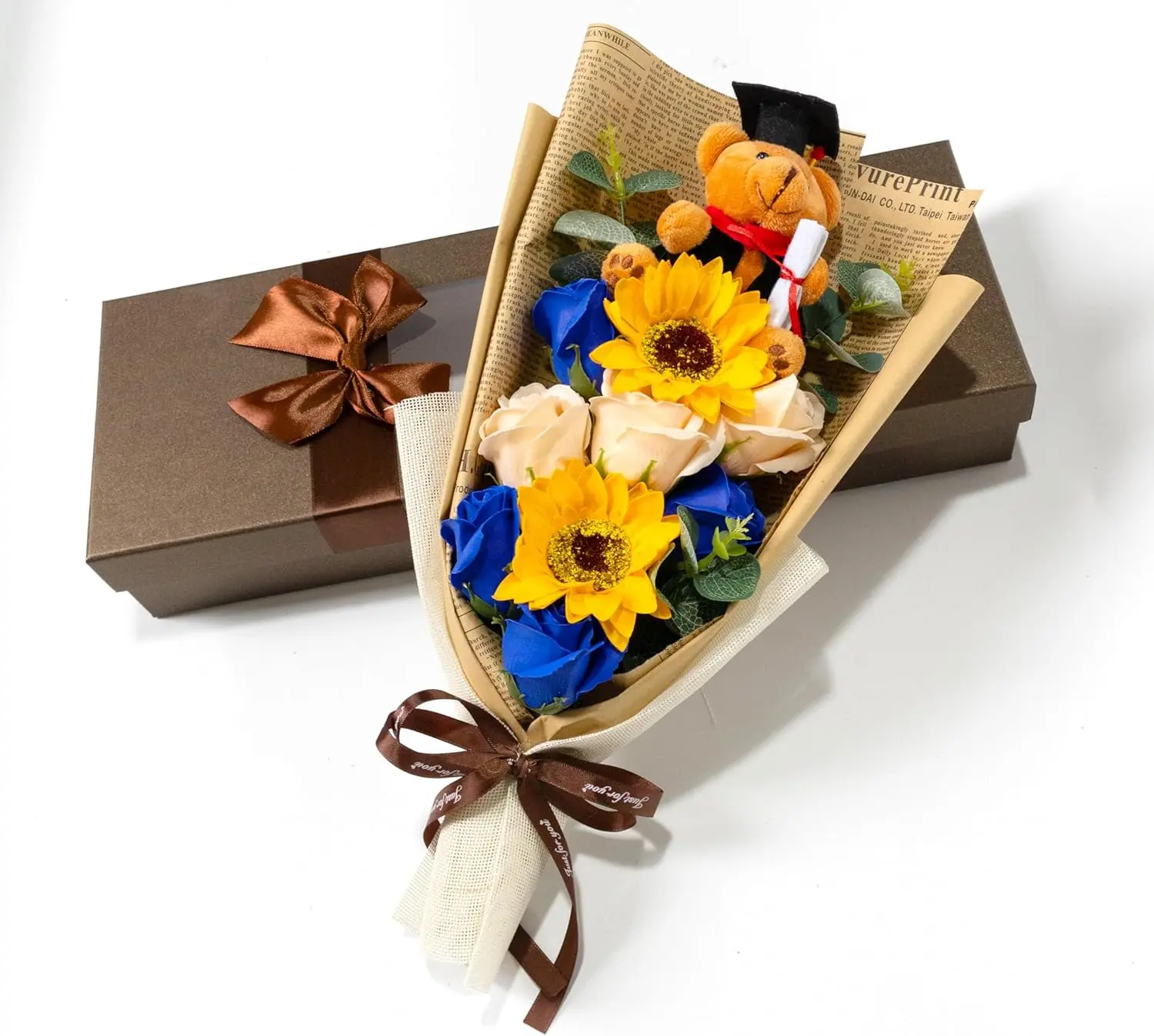 13" Graduation Rose Sunflower Scented Soap Flower Bouquet Mini Plush Graduate Teddy Bear with Grad Cap Floral Arrangements Gift Box for Graduation Party Favors Supplies (Blue)
