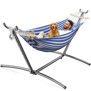Double Hammock, Heavy Duty Portable, 500 lb Weight Capacity, Perfect for Both Indoors and Outdoors, 2 Person Hammock with Carrying Bag, Blue White