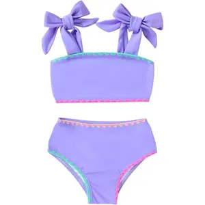 Girls Swimsuit Two Piece Solid Color Stripe Swimwear Summer Beach Bikini Bathing Suit